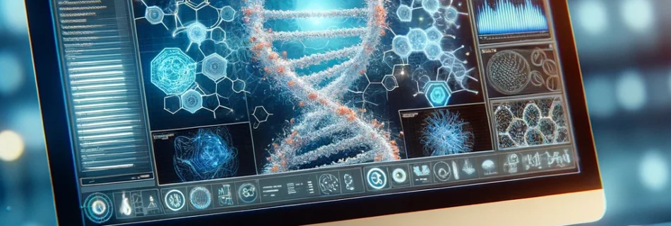 Computer screen depicting stylized DNA