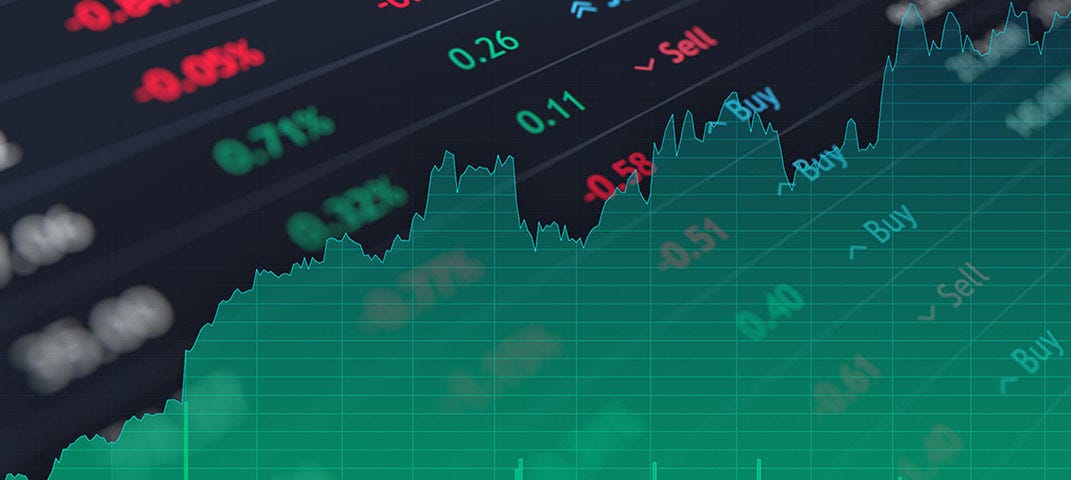 Stock tickers with an overlaid green graph